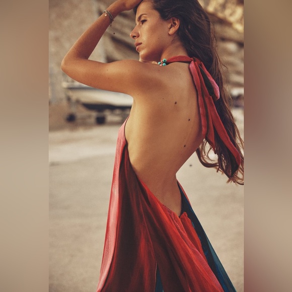 Zara BEADED HALTER multicolored print open back asymmetric hem DRESS sz.XS - Picture 7 of 17